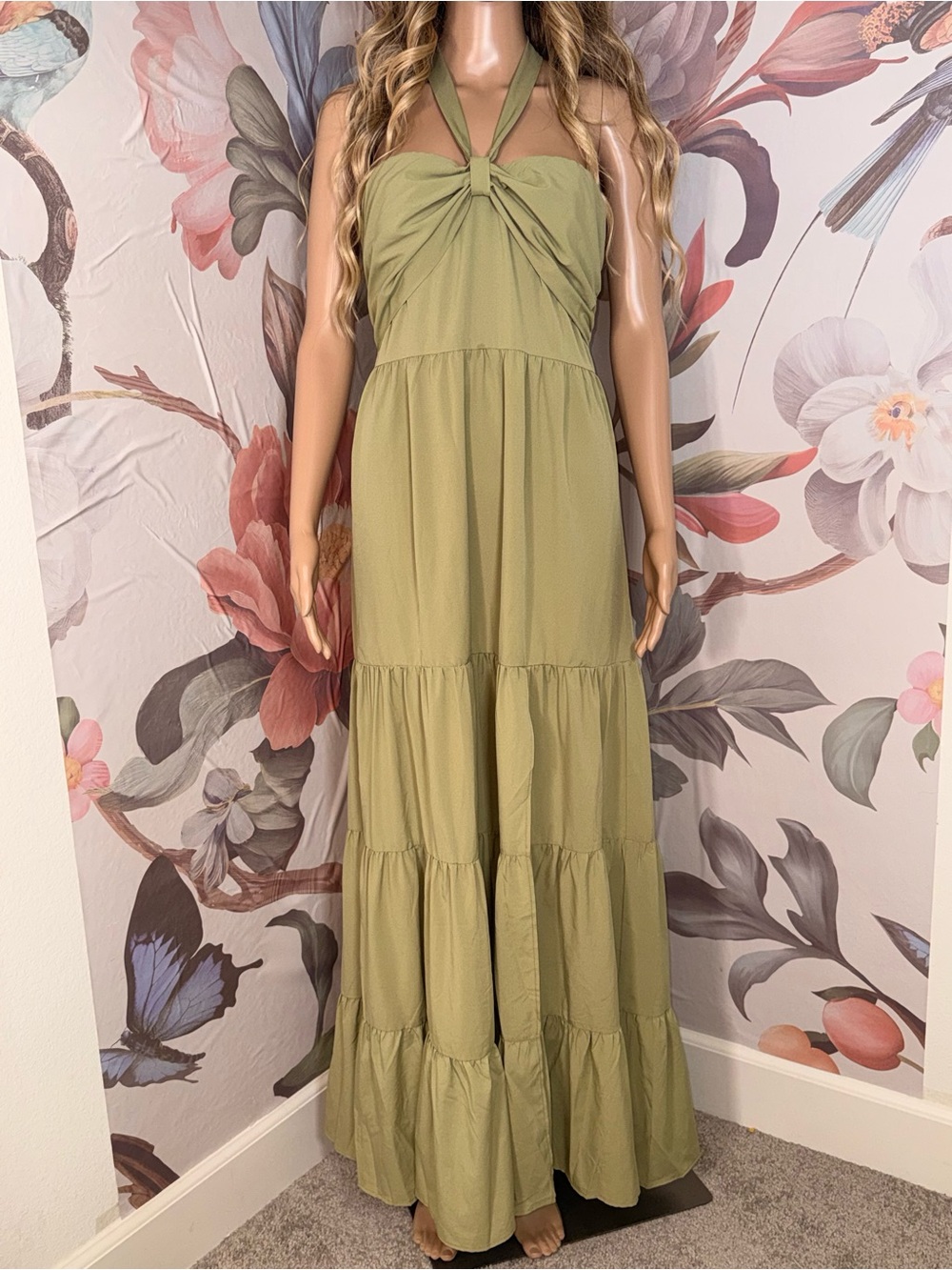 Naked Zebra Olive Green Halter Tiered Maxi Dress - Women’s - Small